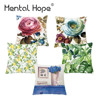 

Plush Decorative Flower Printed Cushion Cover Home Decor Plam Leaves Pattern Throw Pillow Cover Square Pillowcase For Sofa Bed