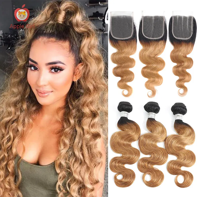 

Ombre Body Wave Hair 3 Bundles With Closure Honey Blonde Burgundy T1B/99J Color For Choice Brazilian Remy Human Hair Applegirl
