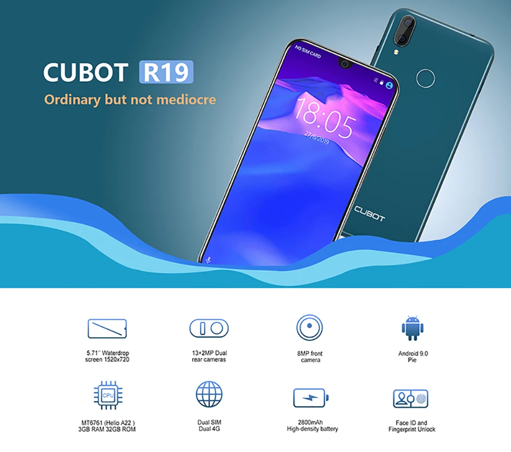 Смартфон Cubot R19 5,7" 19:9 Waterdrop полный экран, 3 Гб+ 32 ГБ Android 9,0 Pie MT6761(Helio A22) Задняя Двойная камера 13МП распознавание лица 4G LTE Телефон 2800мАч