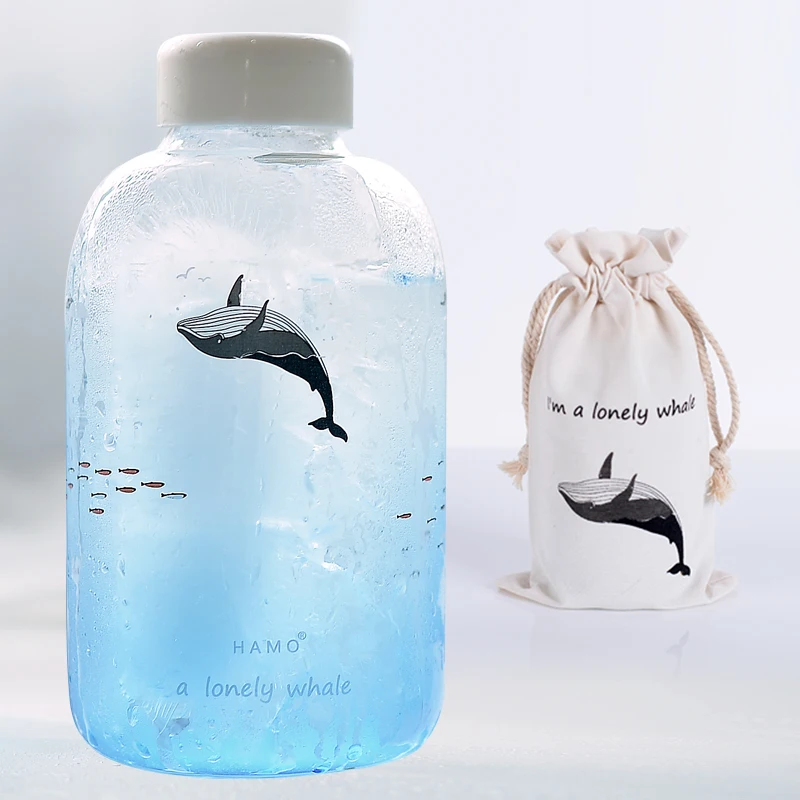 Blue Whale 600ml Креативная стеклянная бутылка для воды градиентного цвета с рукавом, милые бутылки с оленем и дельфином, 600 мл, Спортивная бутылка для влюбленных Zakka - Цвет: Blue Whale 600ml
