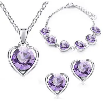 

Fine jewelry 925 sterling silver suitable for ladies wedding purple heart set necklace earrings bracelet set yw035