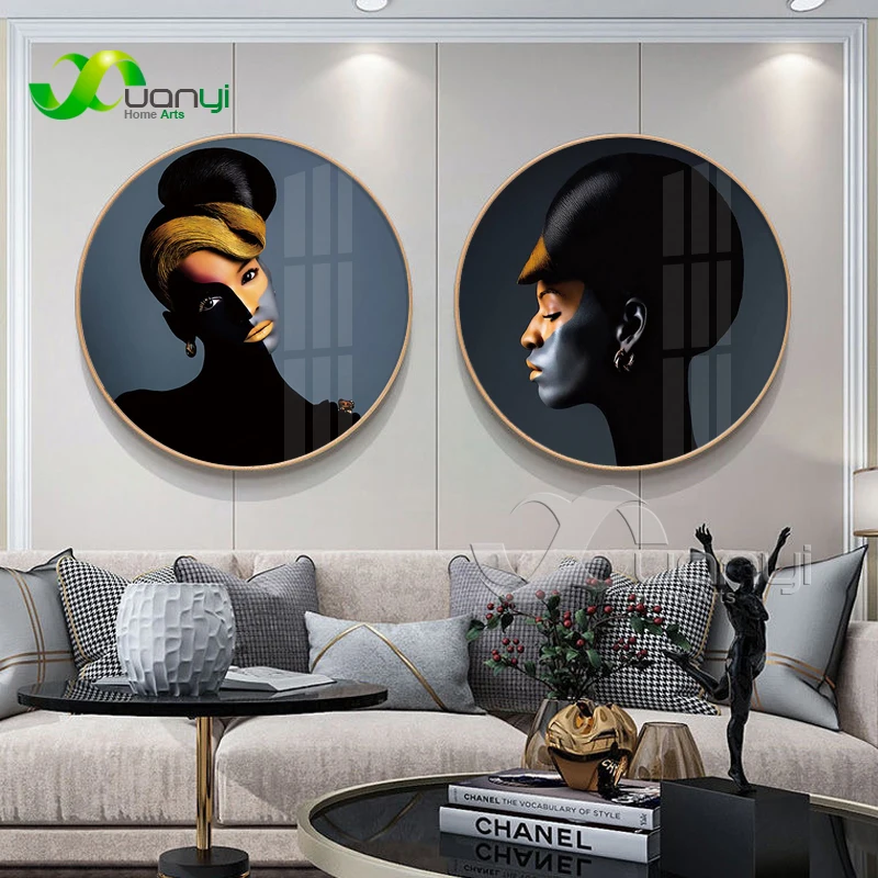 

Black African Sexy Woman Round Circle Aluminum Alloy Framed Wall Painting Canvas Art Pictures For Living Room Home Cuadros Decor