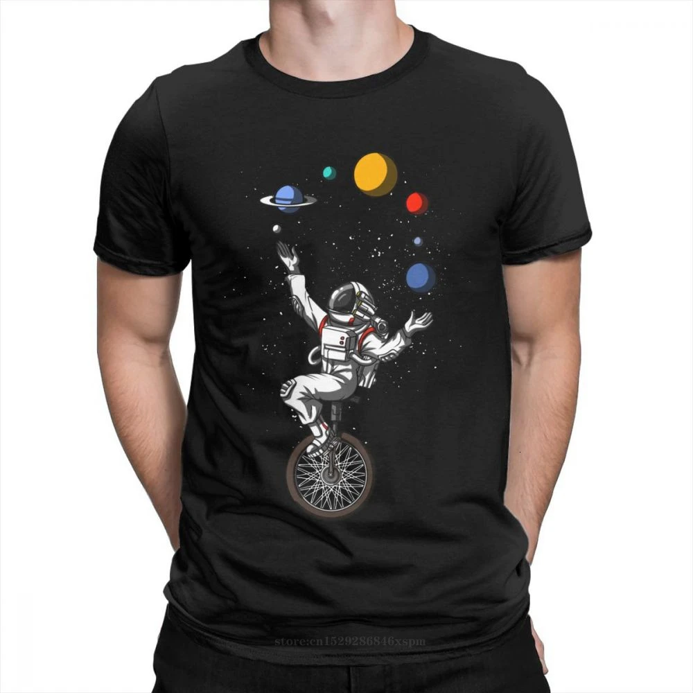 

one yona Man T Shirts Space Astronaut Riding Bicycle Juggling Solar System Planets Funny Tees O Neck Tops Cotton T-Shirt