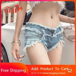 Coreano luz azul denim shorts senhoras verão nova moda cintura baixa rasgado fino sexy ultra curto calças quentes tendência mulher shorts