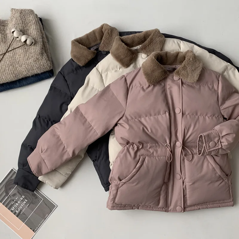 Зимнее Свободное пальто с хлопковой подкладкой, женская повседневная куртка-пуховик с хлопковой подкладкой и завязками на талии розового и синего цвета
