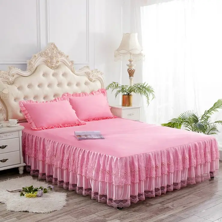 

Pink Lace Bedding Bed Skirt Pillowcases 3pcs Wedding Gift Princess Bedspread Bed sheet 1.5/1.8/2.0 M Mattress Cover