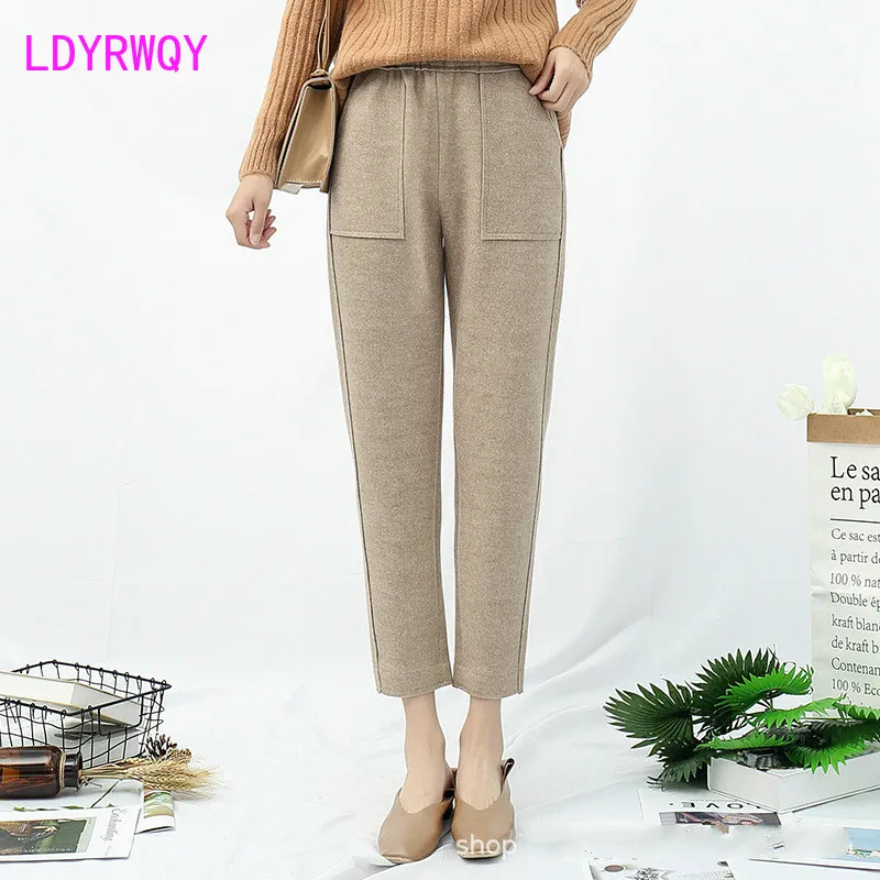 

2019 female autumn and winter new thick high waist loose feet casual woolen harem pants Pockets Drawstring Regular
