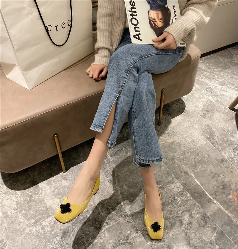 Metal decoration square toe flats brief low heels slip on moccasins casual comfy soft bottom loafers shallow leisure women shoes