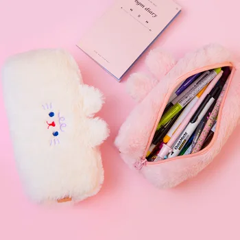 

Bentoy Cute Bear Plush Pencil Case Large Pen Organizer Bag Student Stationery Storage Bags Embroidery Soft Fur Makeup Brush Case