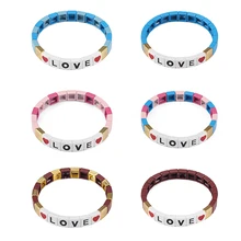 6 шт./лот,, бусины в виде плитки, Набор браслетов с надписью «LOVE», эмалированный начальный браслет, растягивающийся браслет в богемном стиле, очаровательный браслет для пары