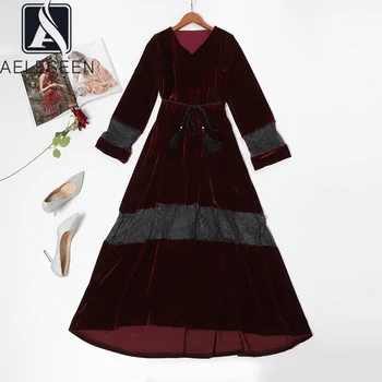 

AELESEEN New Design High Quality Velvet A-Line Party Dresses Women Spliced Sparkling Elegant Tassel Sashes Elastic Maxi Dress
