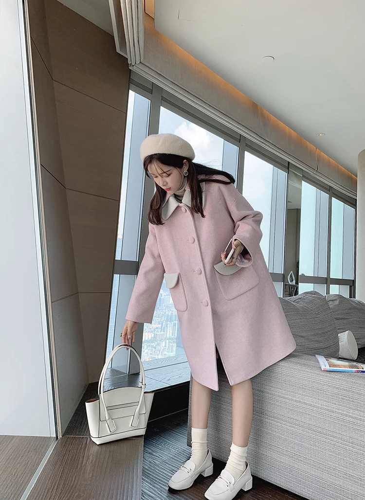 Mishow зимняя повседневная женская однотонная шерстяная розовая куртка женская модная однобортная плотная куртка с отворотом Топы MX19D9696