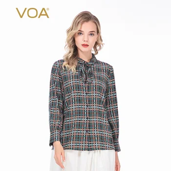 

VOA Classic Plaid Printed Silk Ribbon Bow Tie Long Sleeve Shirt Single Row Button Simple Casual Shirt Women BX59