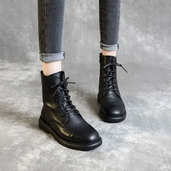 

head layer cowhide drum short boots female Martin boots 2019 autumn/winter side zippers joker black leather short boots