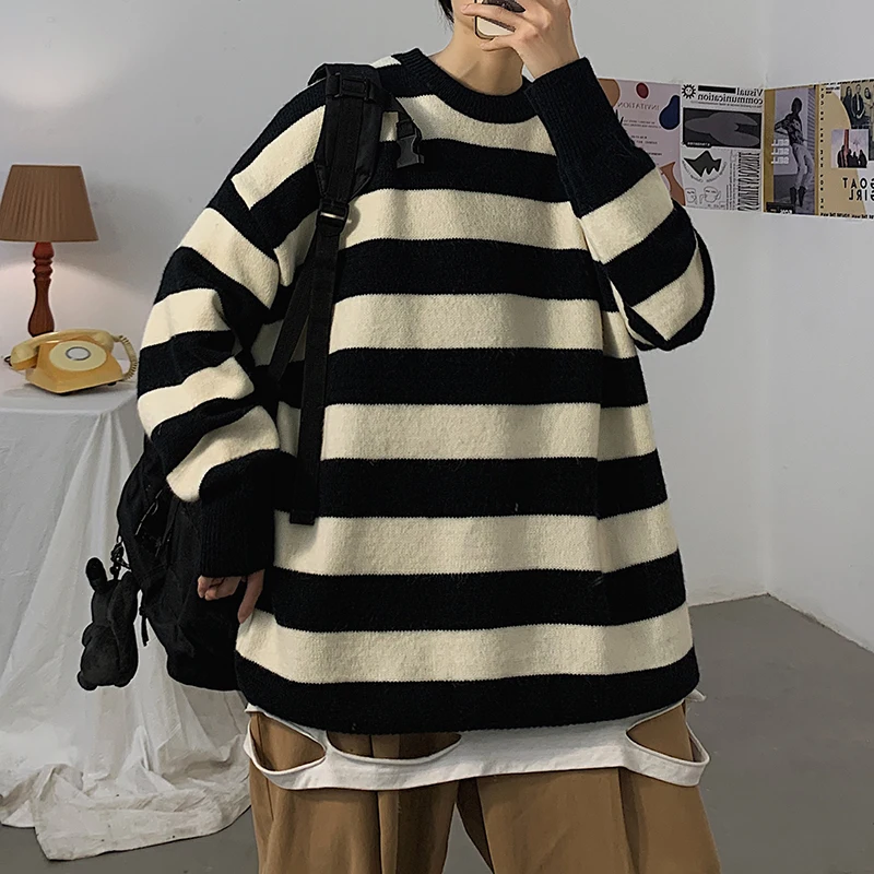 

Crew Neck Striped Sweaters Long Sleeve Oversized Pullover Man Autumn Streetwear Knit Jumper Men Oversized Sweater Harajuku