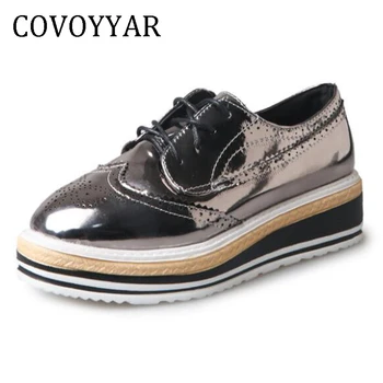 

2019 Spring New Brogue Casual Shoes Patent Leather Platform Women Shoes Glitter Fashion Comfortable Flats Lace Up WSN93