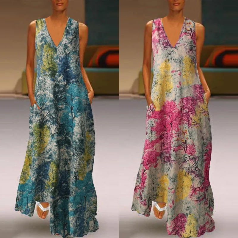 Plus Size Women's Printed Maxi Dress ZANZEA 2020 Bohemian Summer Sundress Casual Sleeveless Beach Vestidos Female V Neck Robe Plus Size Women's Printed Maxi Dress ZANZEA 2020 Bohemian Summer Sundress Casual Sleeveless Beach Vestidos Female V Neck Robe
