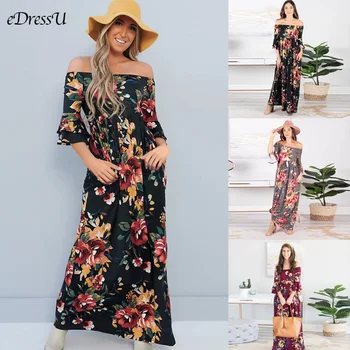 

2020 Bohemian Long Dress Women Maxi Dress Boat Neck Floral Print Dress Flare Sleeves Summer Dress Boho Holiday Wear HYG-2096