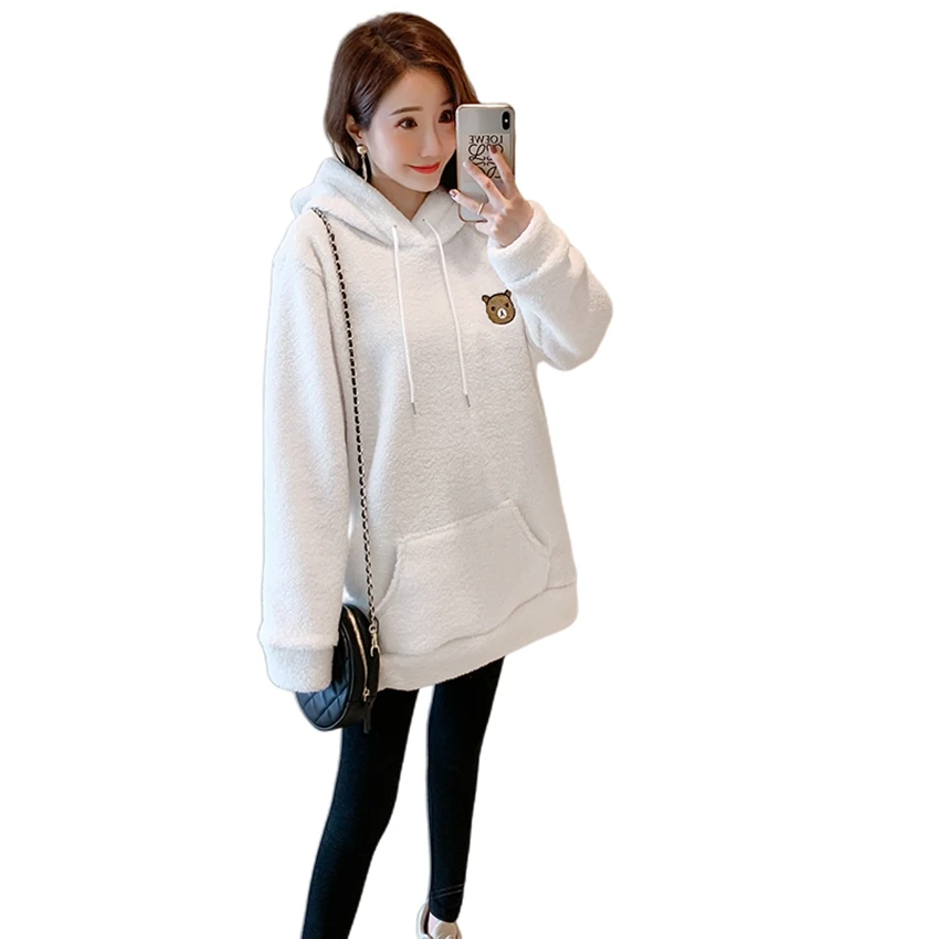 Одежда для беременных; новая зимняя одежда; бархатное пальто с мехом ягненка; свитер; корейская мода; свитер с капюшоном и рисунком для беременных - Цвет: Бежевый