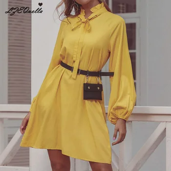 

LZEQuella women Spring Long Sleeve High Waist Dress Solid Color A line Short Mini Shirt Dresses NZ1474