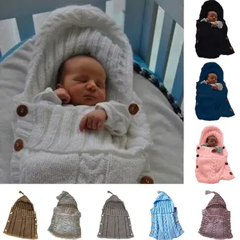 

Newborn Baby Knitting Wool Crochet Sleeping Bag Button Swaddle Wrap Swaddling Blanket With Hat Photography Hug Blanket Stroller