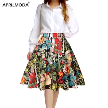 

Summer Cotton Black Skirts Vintage 40s 50s 60s Flower Print Pleated Skirt Women High Waist Plus Size Hepburn A Line Swing Skirts
