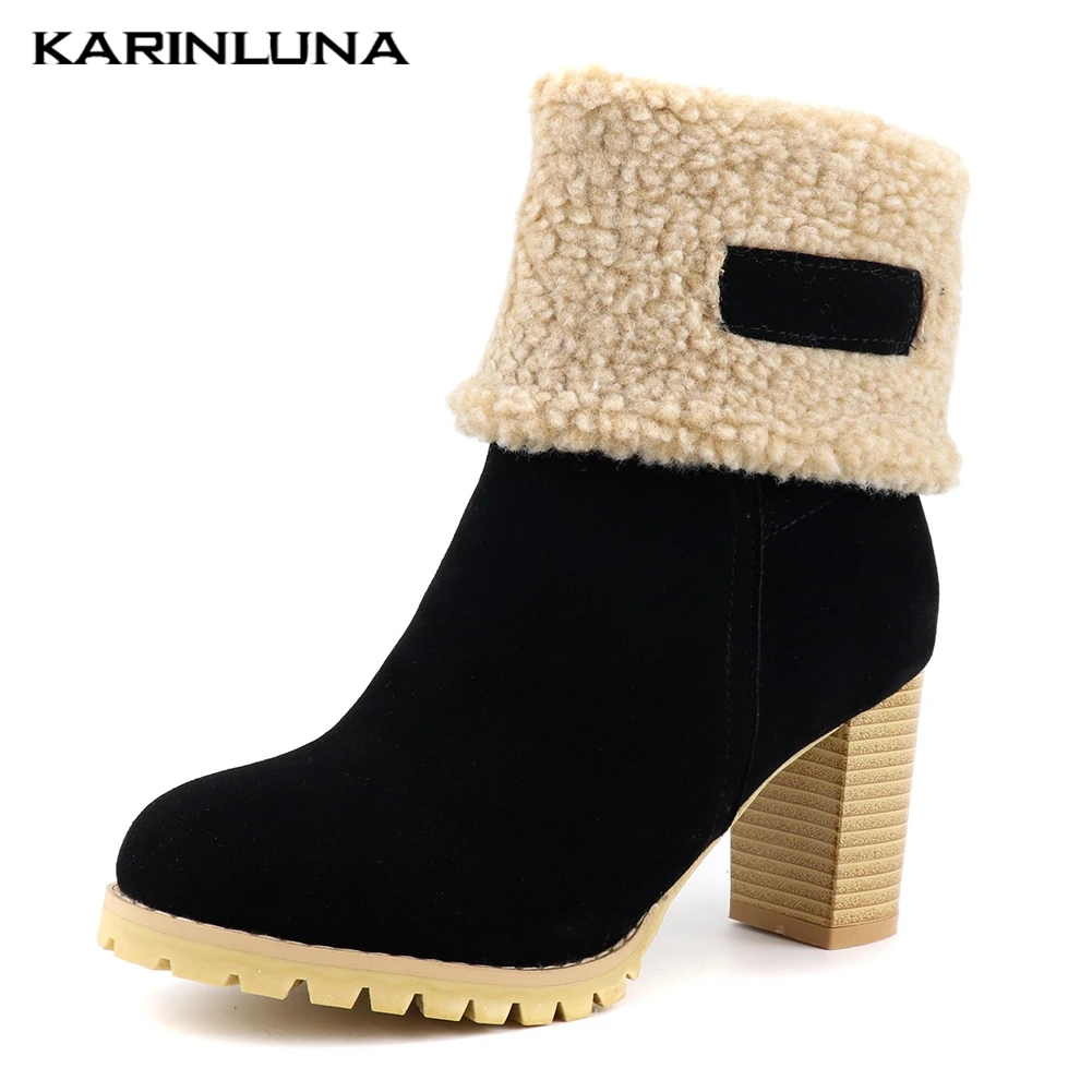 

Karinluna Plus Size 43 russia Winter Snow Boots Warm Add Fur High Heels Western Boots Women Ankle Boots Women Shoes Woman 2019