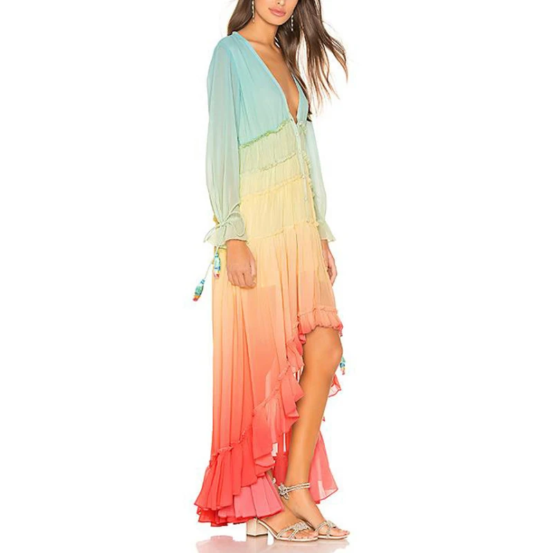 

Women Long Cake Dress Holiday Beach Sexy Deep V-Neck Long Sleeve Boho Fashion Casual Plus Size Ladies Dress