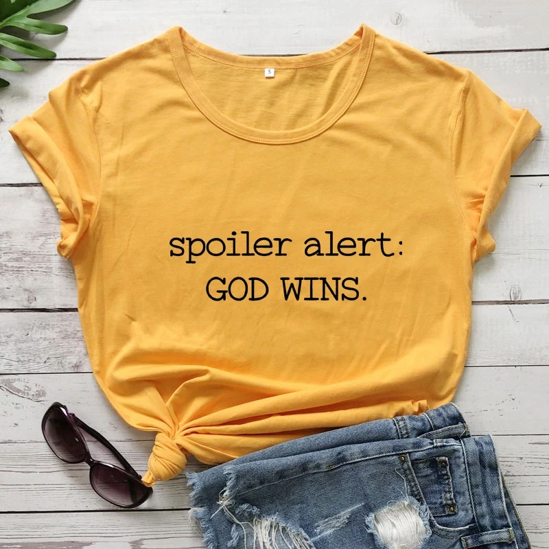 

Spoiler Alert God Wins T-shirt Women Religious Christian Apparel Clothing Casual Unisex Short Sleeve Easter Tee Shirt Top