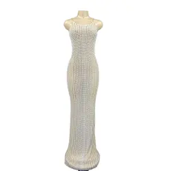 Full Pearls Sleeveless Rhinestone Mesh Long Dress Evening Celebrate Stretch Costume Women Dancer Performance Sexy Dress