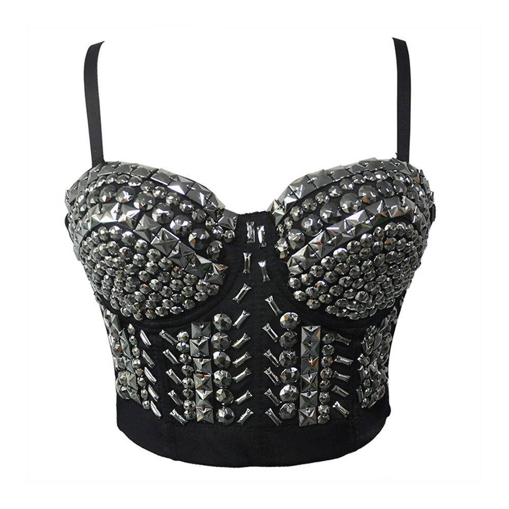 

Party Silver Overbust Rivets Embellishments Bustier Tops Woman Rhinestones Gathered Chest functional Underwear