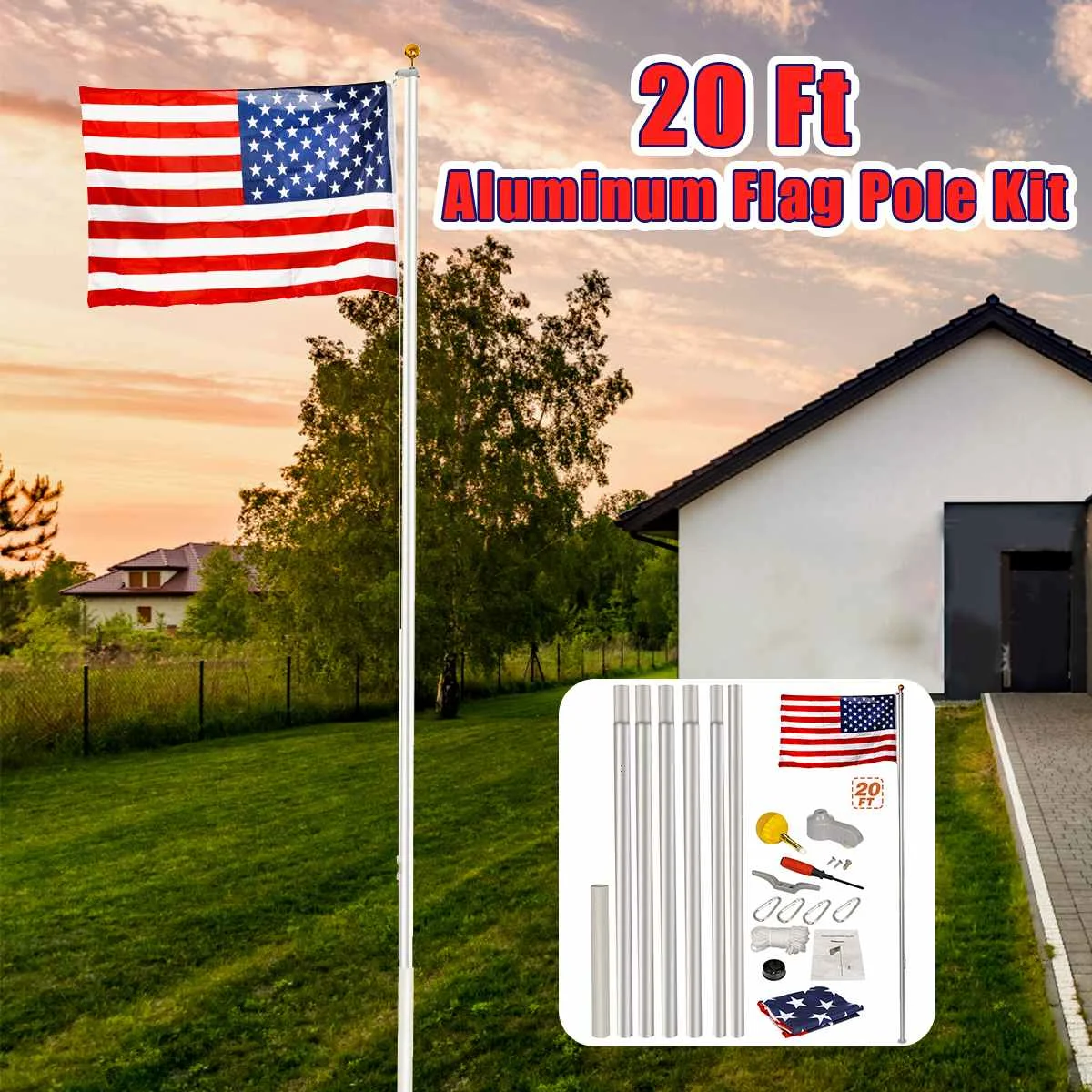 

20FT Aluminum Telescoping Flag Pole Portable Telescopic Extendable Flagpole Kit +Screws Holder Mount Bracket Set RU US free ship