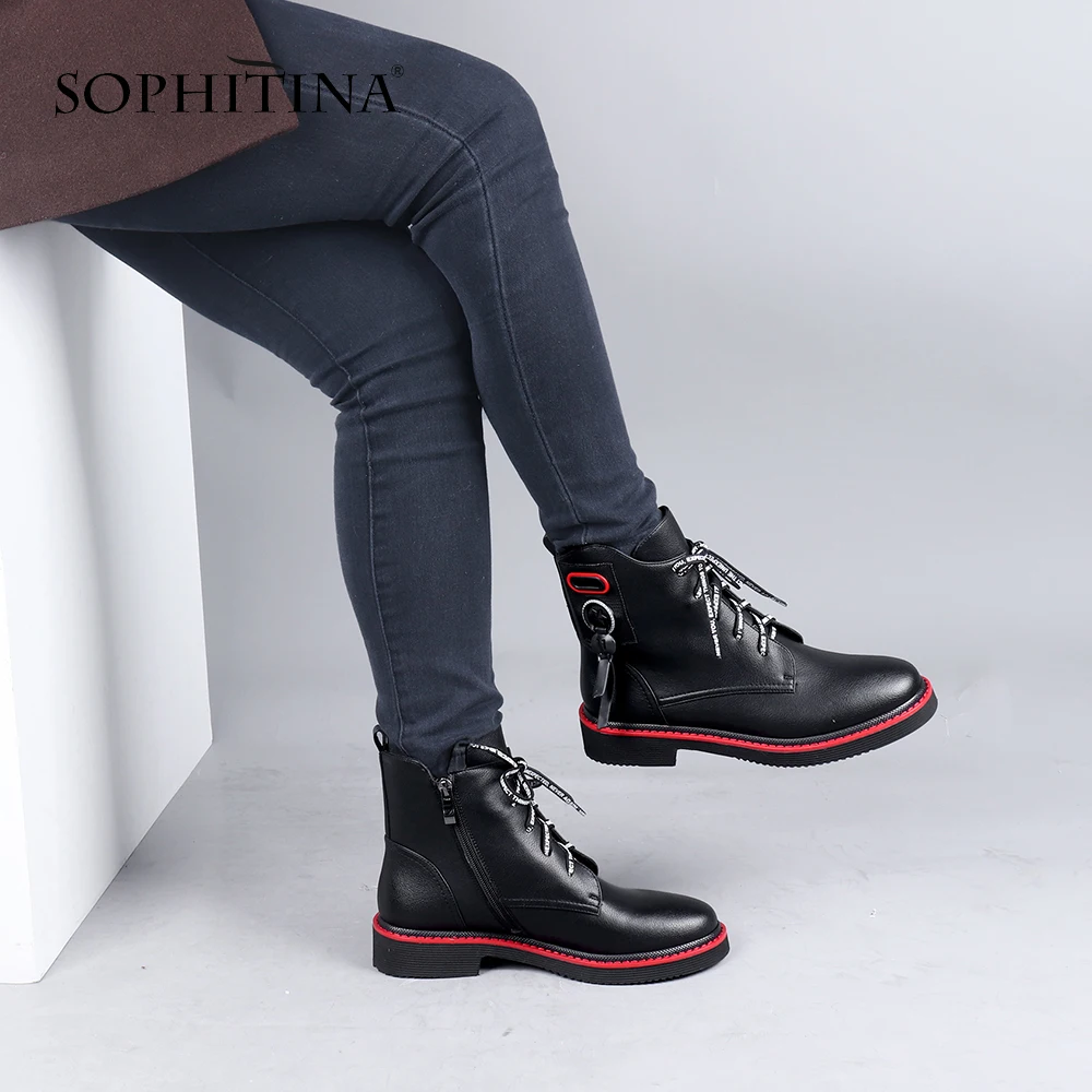 SOPHITINA Ankle Boots Red Black Cow Leather Comfortable Casual Shoes Woman High Quality Zipper Round Toe Flat Boots C642