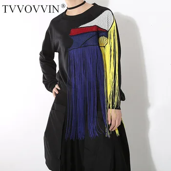 

TVVOVVIN Loose Fit Colorful Tassels Split Joint Sweatshirt New Round Neck Long Sleeve Women Fashion Tide Autumn Winter 2019 X552