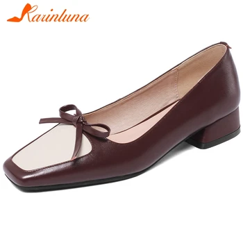 

Karinluna New Arrivals Genuine Leather Chunky Heels Office Lady Pumps Woman Shoes Slip On Bowtie Elegant Shoes Women Pumps