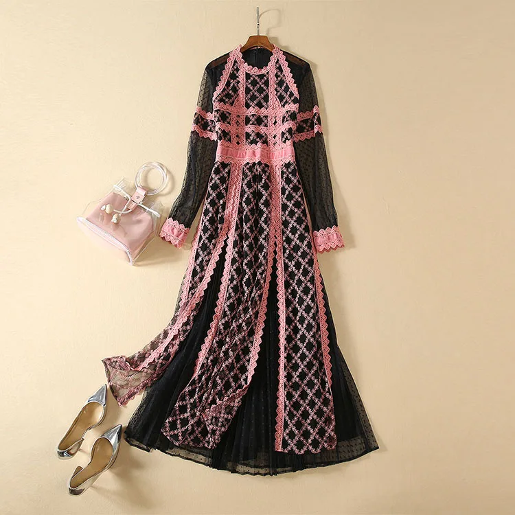 Высокое качество Новая мода дизайнерское подиумное Макси Платье женское с длинным рукавом Кружевное лоскутное газовое Плиссированное длинное платье