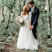 Бохо Линия Свадебные платья сексуальные V шеи Кружева с аппликацией и длинными рукавами Кантри Стиль тюлевые Свадебные платья платье для невесты без спинки