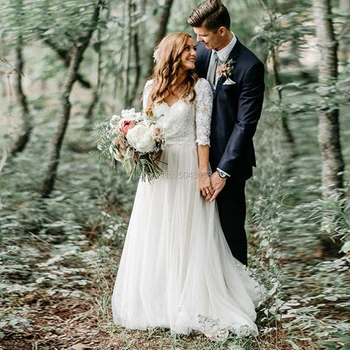 

Boho A Line Wedding Dresses Sexy V Neck Lace Applique Long Sleeves Country Style Bridal Gowns Tulle Backless Bride Dress 2020