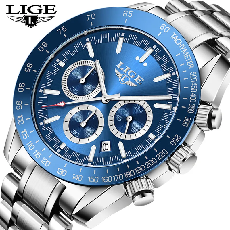 LIGE Men Watches Fashion Blue Stainless Steel Waterproof Sports Watch Men Luxury Luminous Date 24 Hours Chronograph Quartz Clock 1