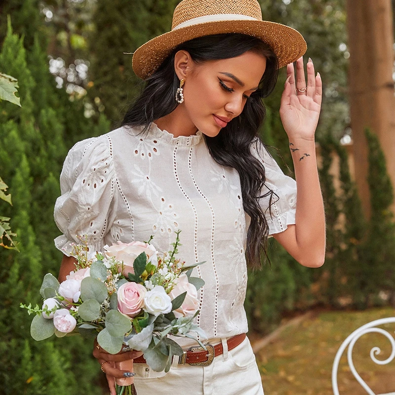 Camisa de algodón blanca para mujer, blusa francesa elegante con bordado Floral ahuecado, alto con blusa romántica cómoda - AliExpress Ropa de mujer