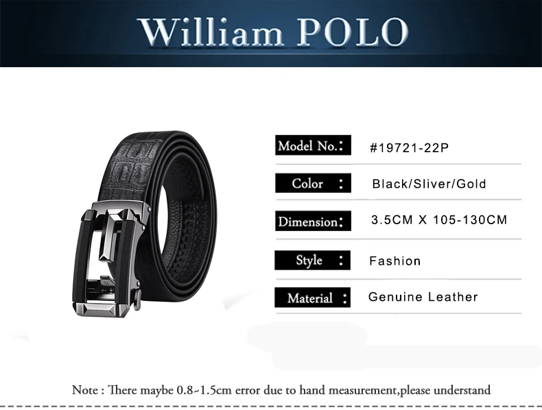 Williampolo из натуральной кожи для Для мужчин черные туфли высокого качества с пряжкой ремень для деловых мужчин Натуральная кожа крупного рогатого скота Повседневное Ремни Бизнес ремень#19721-222P