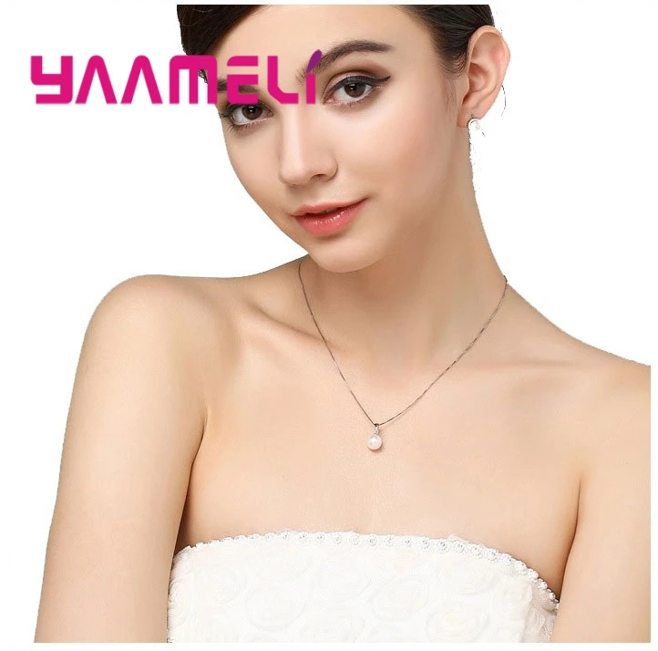 Smooth Women Wedding Jewelry Sets 925 Sterling Silver Ball Round Freswater Pearl Necklace Hoop Earrings Fashion Accessories 5