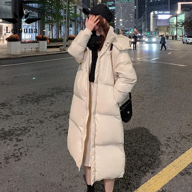 

Leiouna Thicken Casual Loose Long Winter Woman Oversized Jacket Padded Black Warm Down Cotton Hooded Winter Outerwear Parka Coat