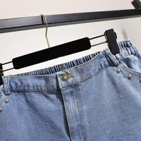 150Kg Plus Size Women's Summer Loose Denim Shorts Ripped Beaded Straight Wide Leg Pants Blue Hip 154cm 5XL 6XL 7XL 8XL 9XL - Image 4