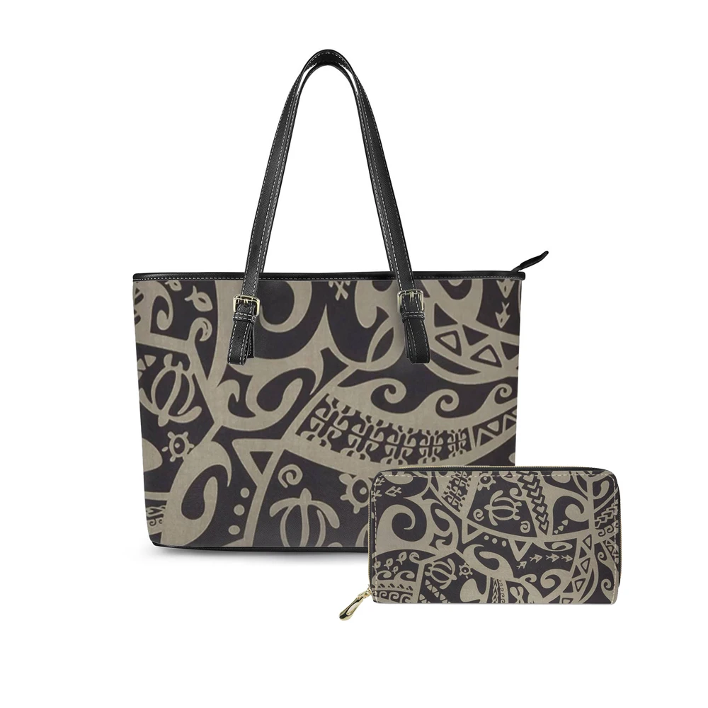 

Latest Women Shopping Shoulder Polynesian tribal style Print custom Large Leather Tote Bag Purses Luxury Bags Handbag