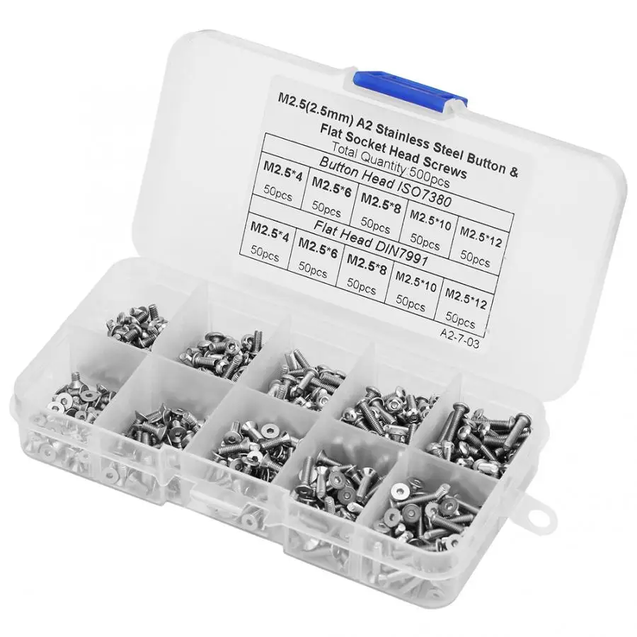 

Stainless Self Tapping Screws 500pcs 1 Box M2.5*4\M2.5*6\M2.5*8\M2.5*10\M2.5*12 Button/Flat Head Hex Socket Screw Set