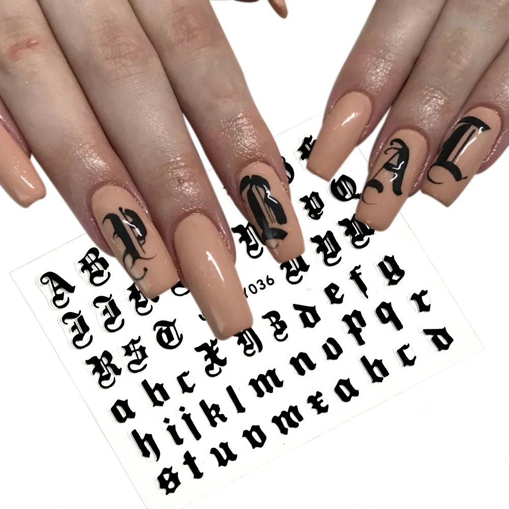 

Holographic Nail Art Sticker Old English Alphabet 3D DIY Pattern Design Nail Adhesive Sticker Decals Nail Decorations