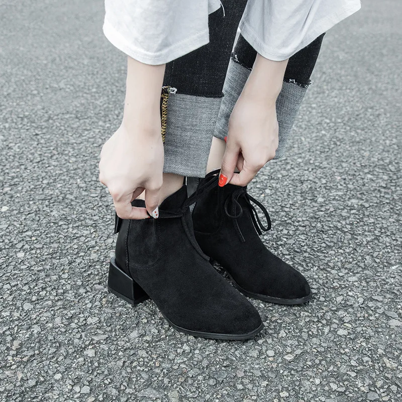 

Short Boots Women's Autumn And Winter New Style Thin Boots Versatile Chunky-Heel Tube Martin Boots plus Velvet Flat Boots Large