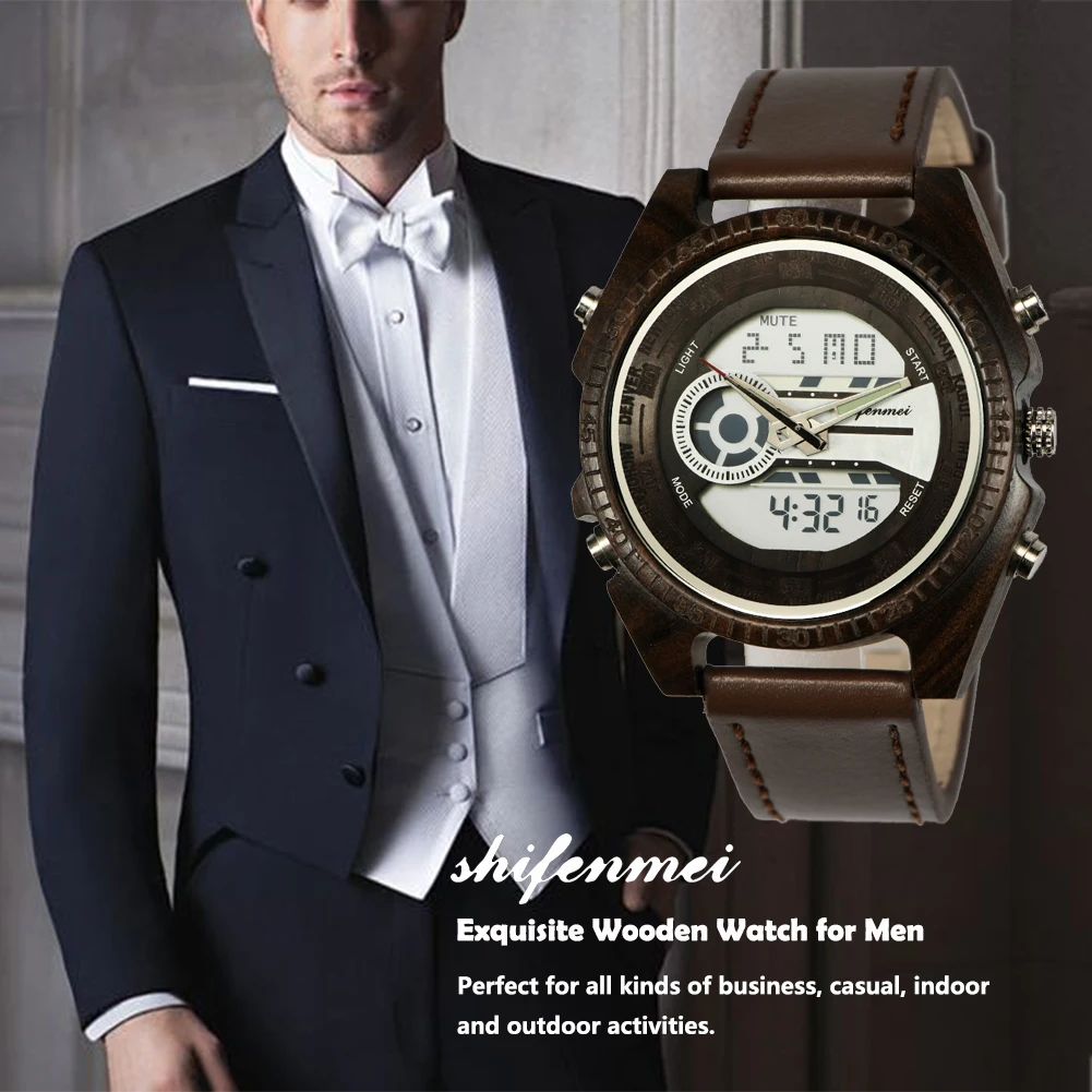 

SHIFENMEI Quartz Watch Men Top Luxury Brand Wooden Watches LED Digital Men's Watch Dual Display Wristwatch Relogio Masculino