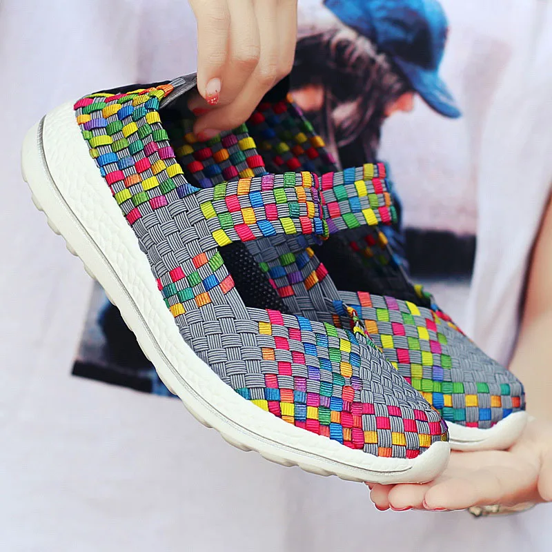 grey colorful Женские туфли Мэри Джейн EOFK, эластичные плетеные туфли на плоской подошве, мягкие дамские дышащие кроссовки, лоферы для женщин - Цвет: grey colorful